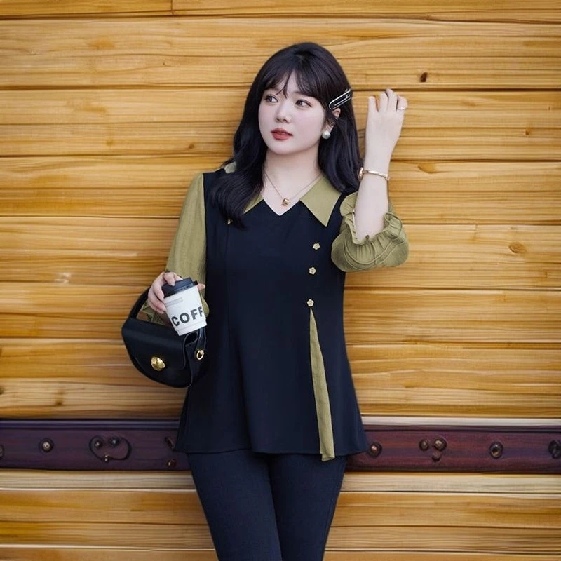 胖mm大码女装秋季新款开衩衬衫女假两件收腰显瘦遮肉a字版上衣女