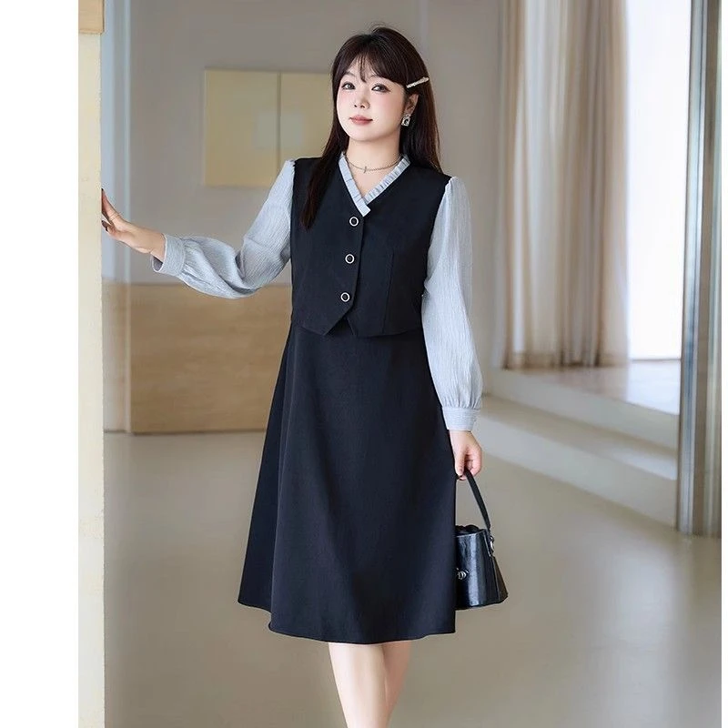 胖MM秋新款V领长袖衬衫拼接假两件A字裙大码连衣裙气质中长款春季