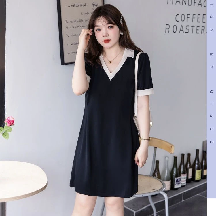 胖mm大码女装连衣裙夏季新款V领简约显瘦收腰气质遮肚子黑色a字裙