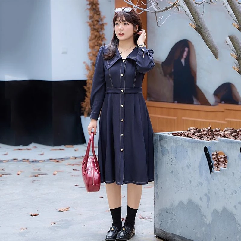 秋冬新款气质娃娃领收腰A字裙大码女装长袖显瘦胖mm垂坠感连衣裙