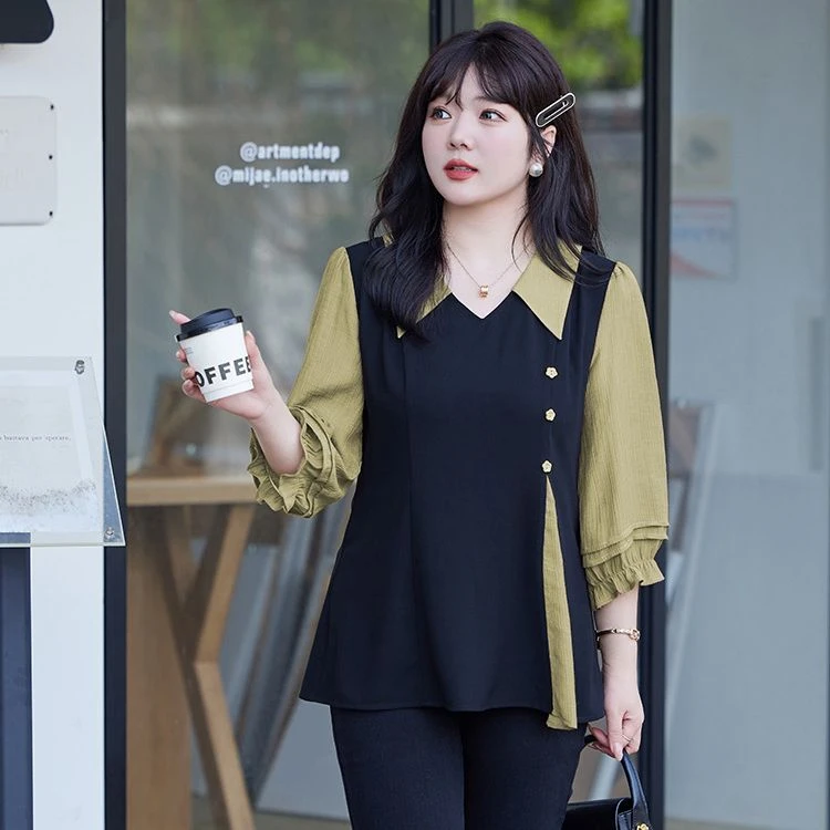 胖mm大码女装秋季新款开衩衬衫女假两件收腰显瘦遮肉a字版上衣女