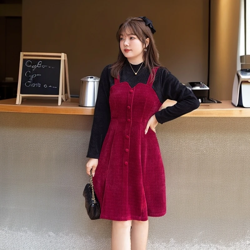 胖mm冬季大码女装新款假俩件针织裙宽松藏肉显瘦遮肚冬天跨年裙子