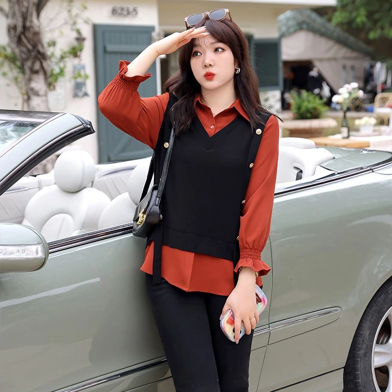 胖mm大码女装假两件显瘦上衣春季新款翻领套头长袖气质别致衬衫女