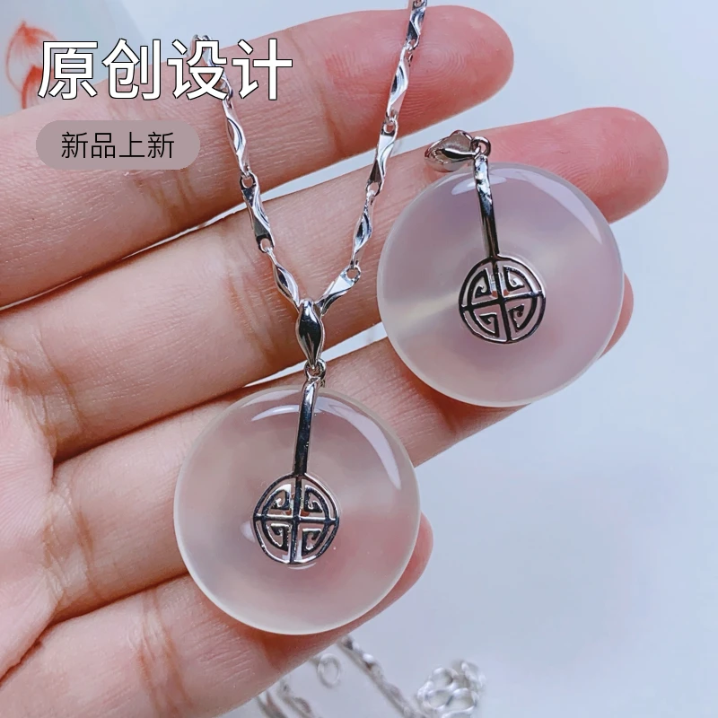 坠链均足银莫桑石 足银999镶嵌合成碳硅石平安扣吊坠项链时尚百搭