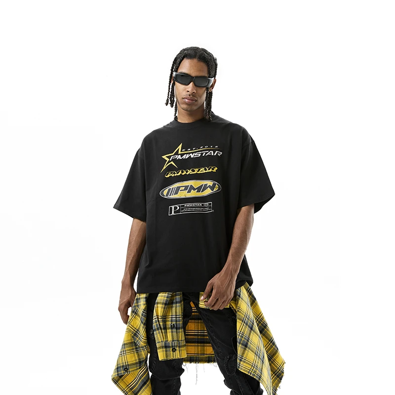 PMW 2023SS复古水洗做旧创意星星LOGO黑色重磅短袖OVERSIZE