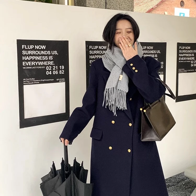 藏青色大衣女正肩气质毛呢外套女复古学院英伦风中长款呢子衣加绒