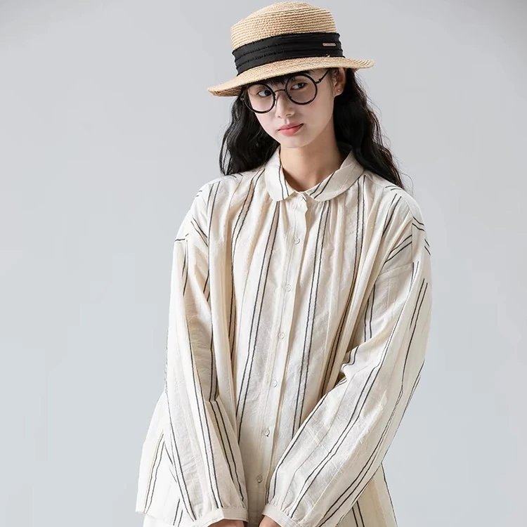 2024 初唯 春夏条纹衬衣衬衫休闲女士时尚小众气质韩版翻领长袖宽