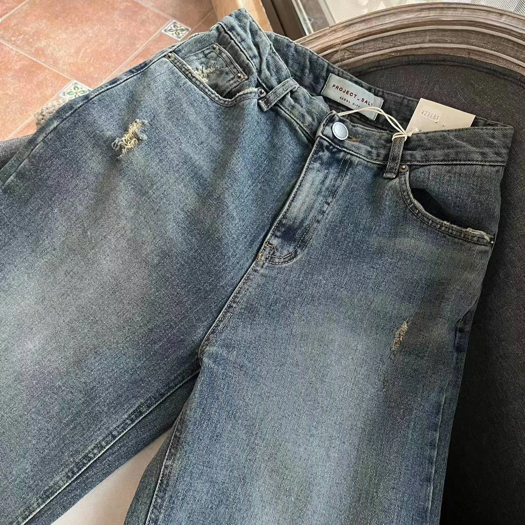 东大门净版深蓝直筒牛仔裤