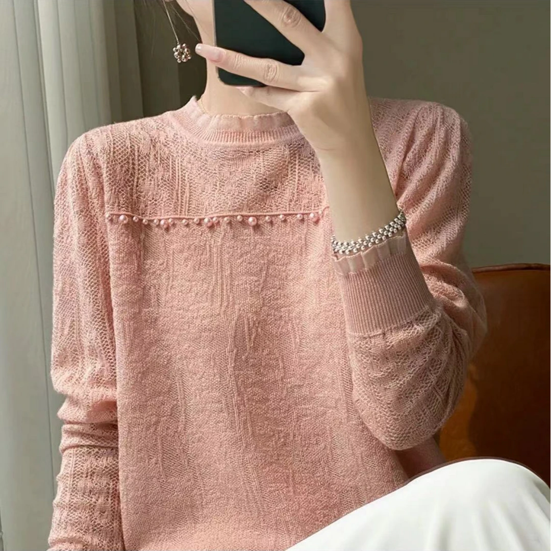 【细羊毛浮雕粉】早秋新款气质百搭针织衫长袖上衣女b237