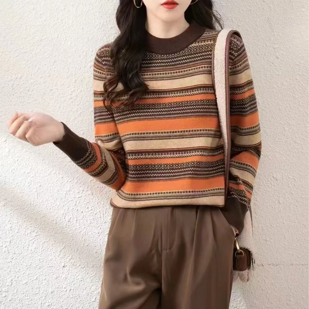 民族风毛衣~新款条纹时尚百搭针织衫套头长袖3415