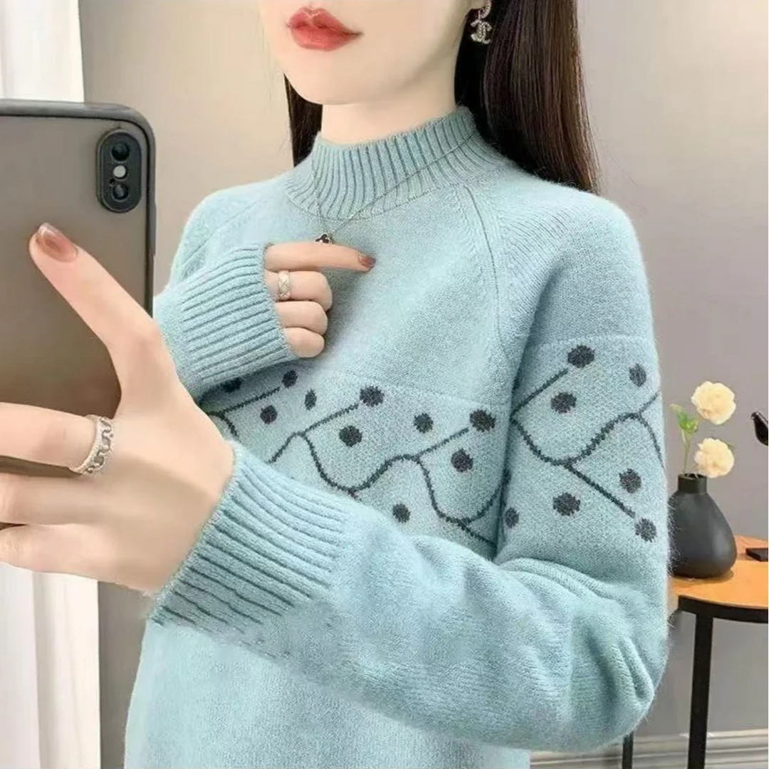 一剪梅~新款提花半高领毛衣时尚百搭针织衫套头长袖32485