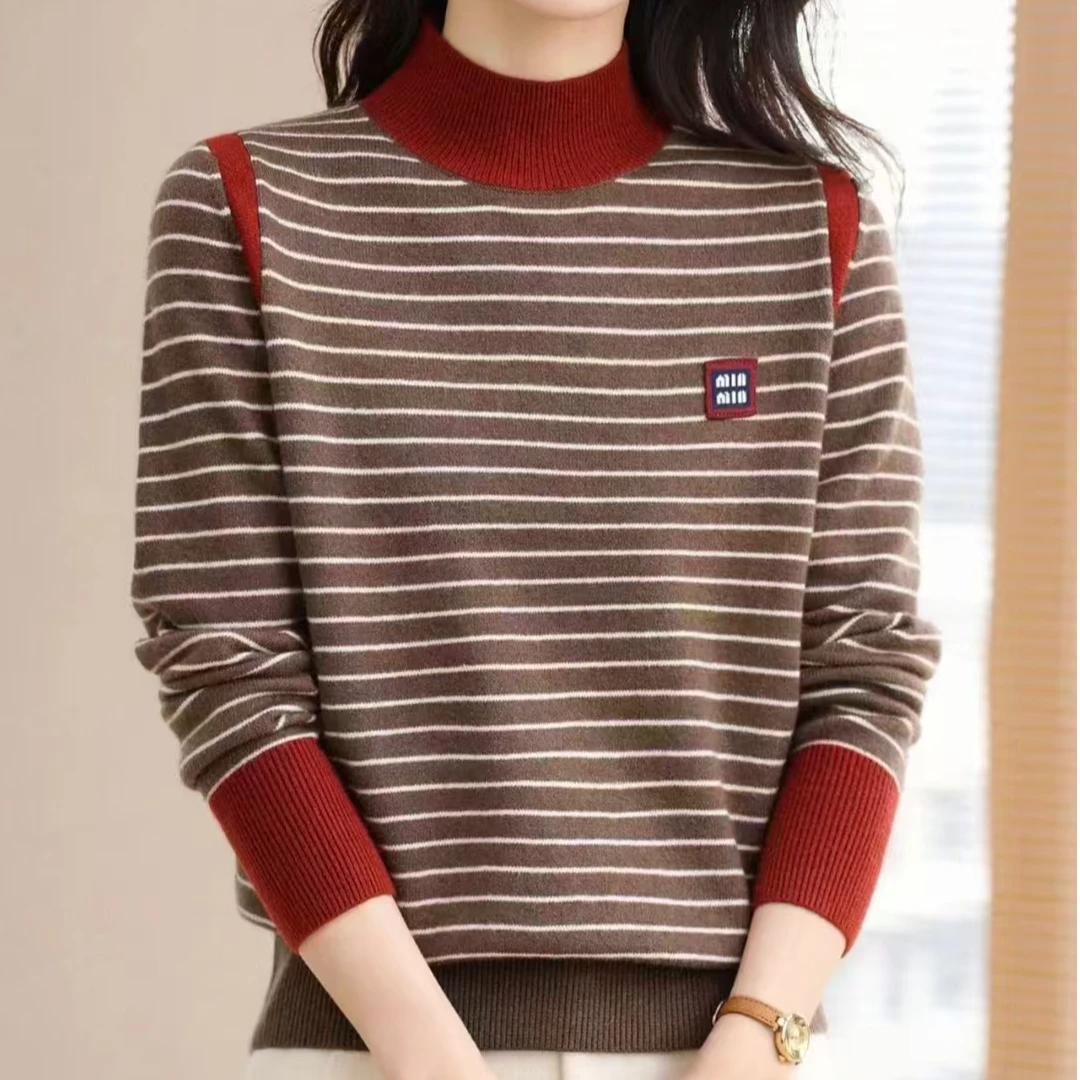 品牌原单气质高级感条纹一体绒加厚立领针织衫套头毛衣长袖