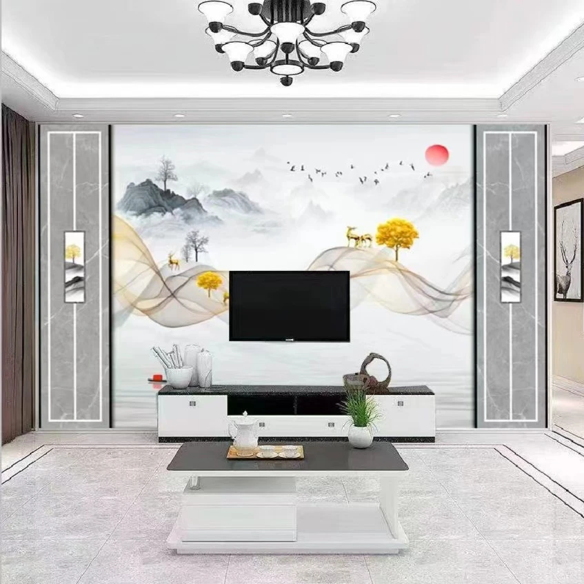 现代简约客厅电视背景墙大理石逼真轻奢装饰壁画影视装修无缝专业
