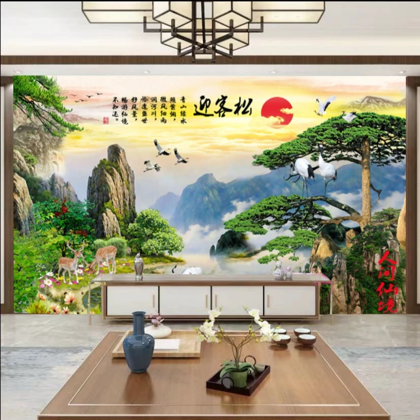 【迎客松】山水画新款欧式快装电视沙发背景墙3D亮面墙壁中式卧室