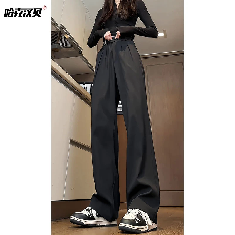 哈克汉贝黑色垂感显瘦宽松潮流拖地裤新款春季高腰小西裤男女同款