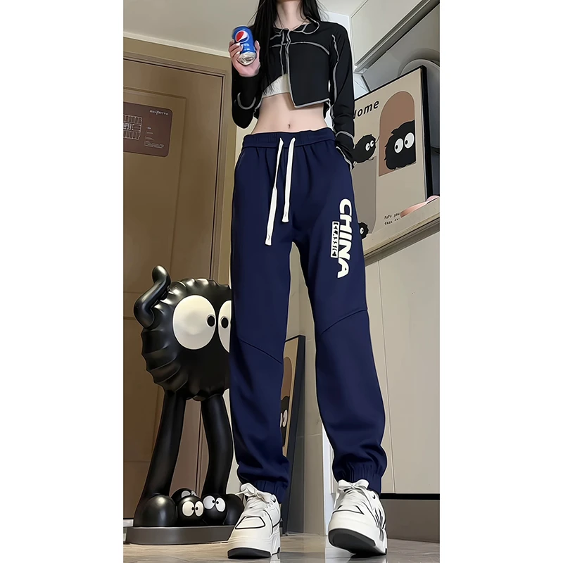 藏青色束脚直筒男潮牌春季2024新款美式高街字母发泡运动休闲长裤