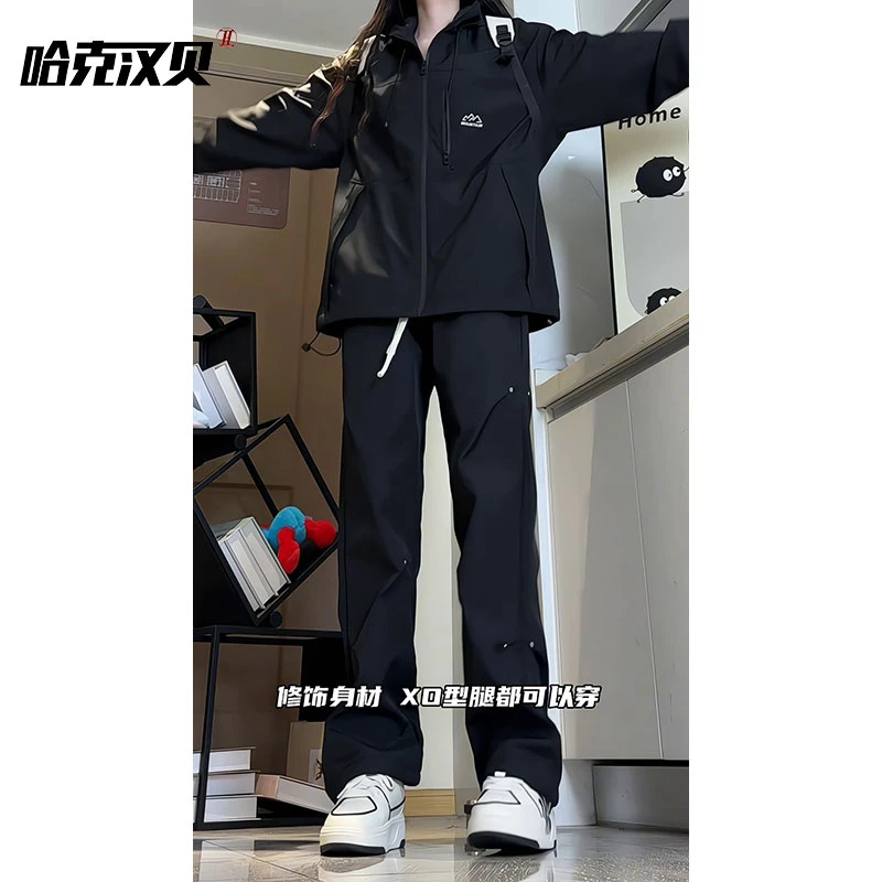 哈克汉贝春季直筒铆钉裤冲锋男女cleanfit显高显瘦黑色休闲长裤子