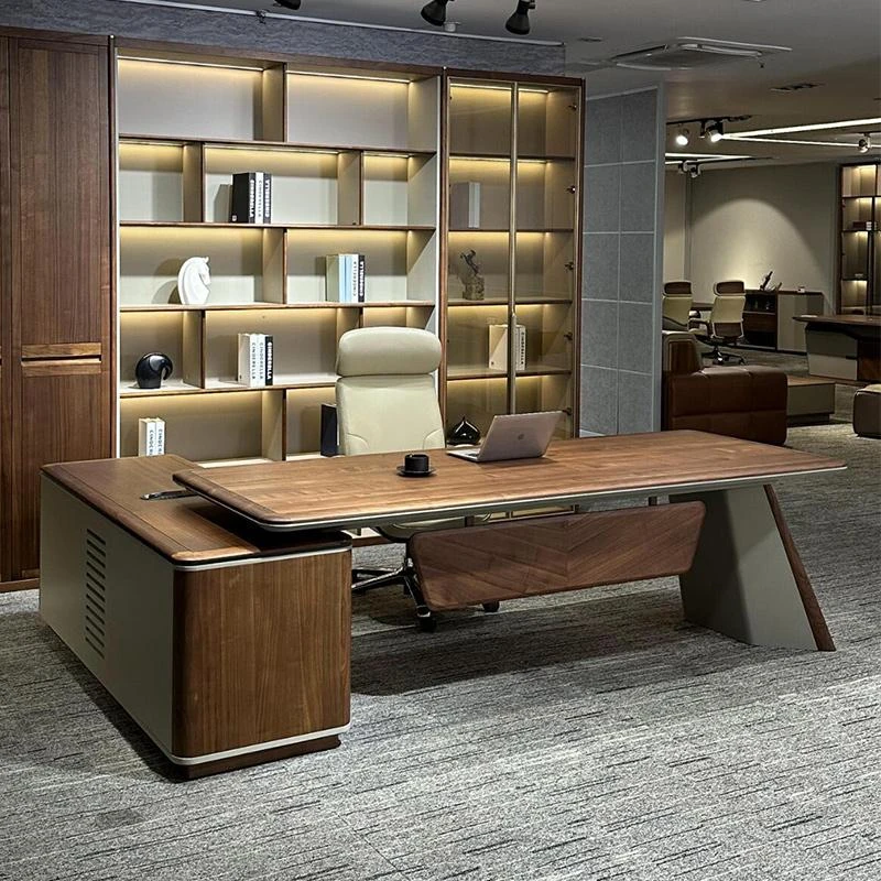 新中式实木办公桌老板桌轻奢现代高级感办公室北美黑胡桃木大班台