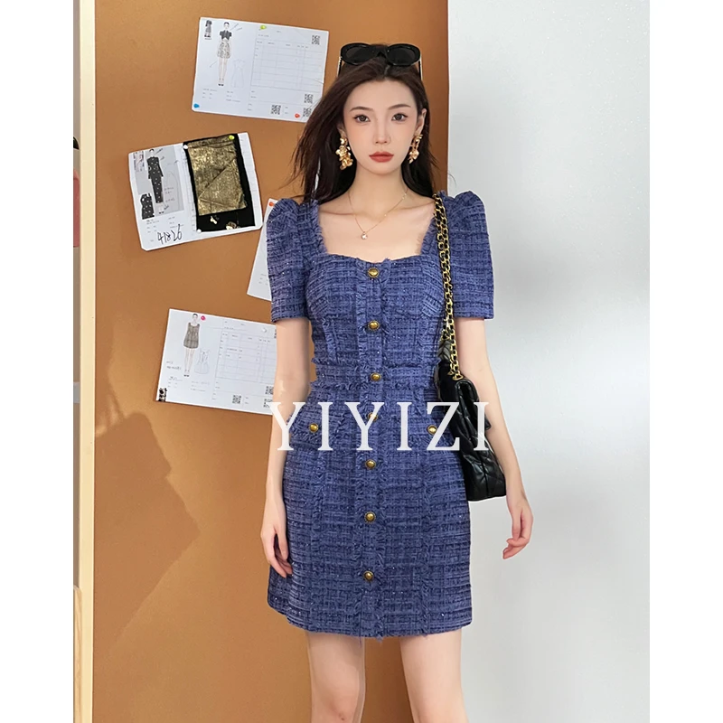 依依子【蓝莓情书】蓝色小香风方领连衣裙女夏季2025年新款气质裙子