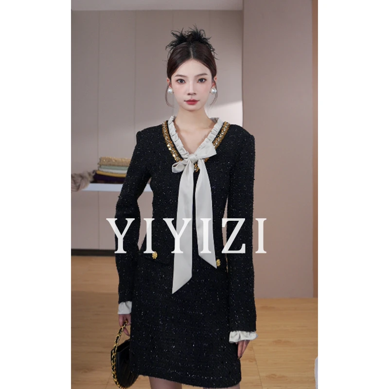 依依子黑色小香风连衣裙女装秋季新款气质小个子高级感名媛裙子潮