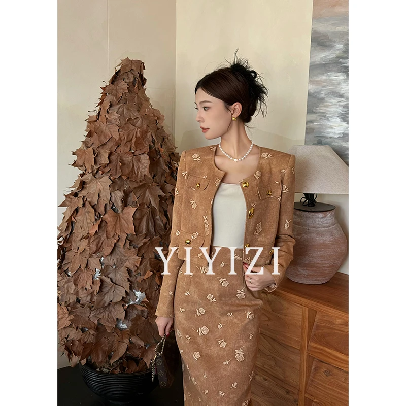 依依子【烟熏玫瑰】黄色牛仔套装裙女秋冬2024年新款气质裙子两件套