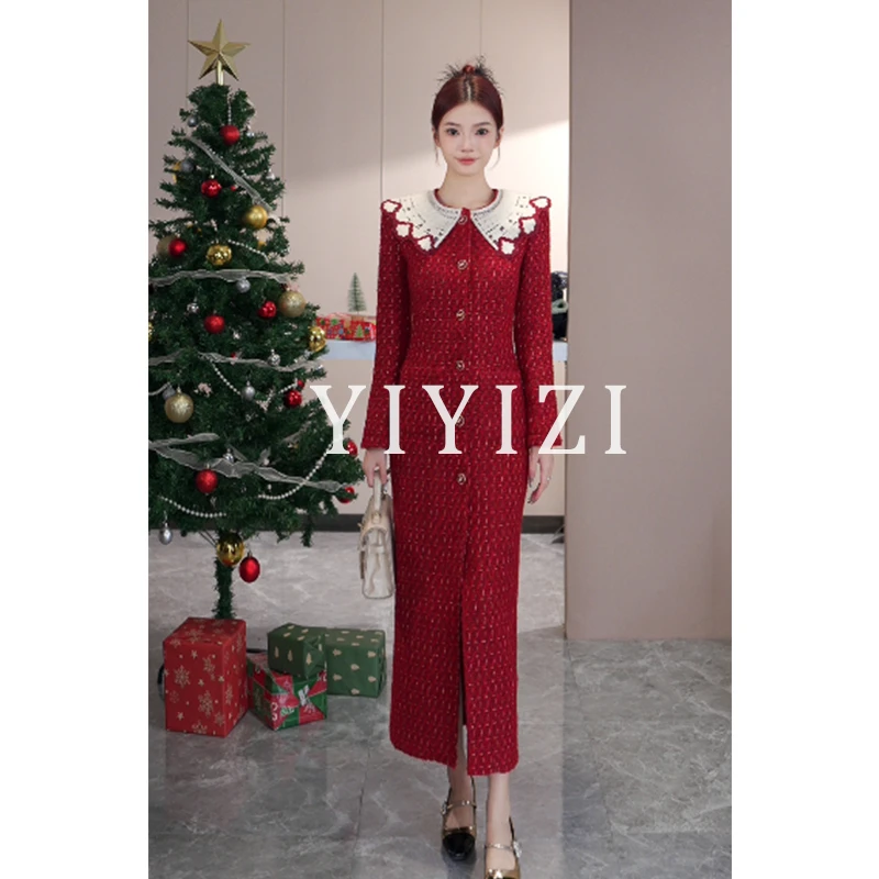 依依子【圣诞约定】红色小香风连衣裙女秋冬2024新款气质时尚裙子潮