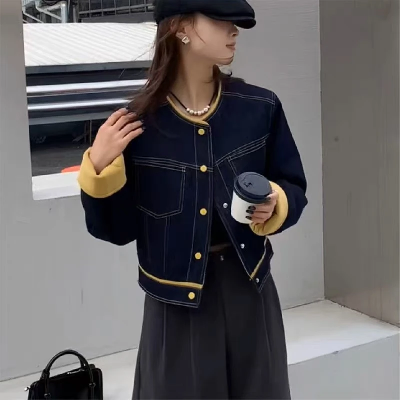 【牛仔拼色羽绒】韩版复古圆领撞色牛仔秋冬新款小个子休闲羽绒服