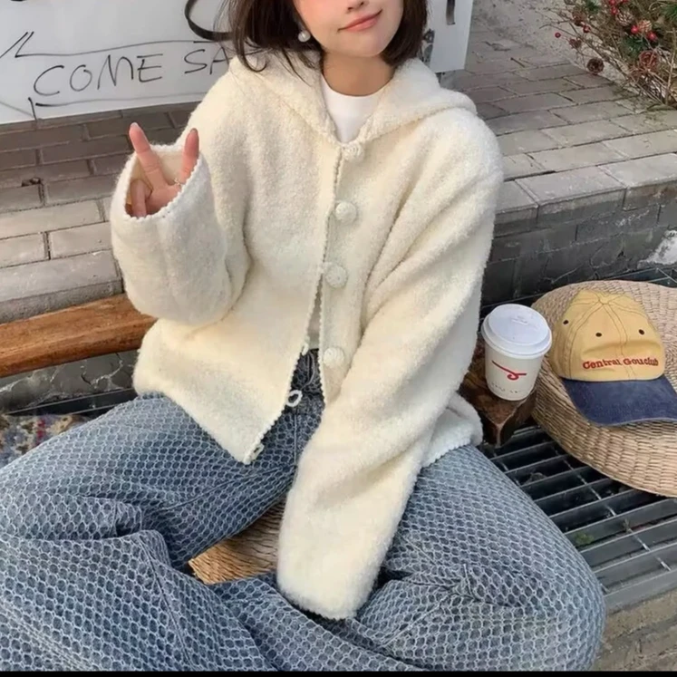 【 毛茸茸】~韩系连帽氛围感手工包边包扣宽松毛衣开衫外套