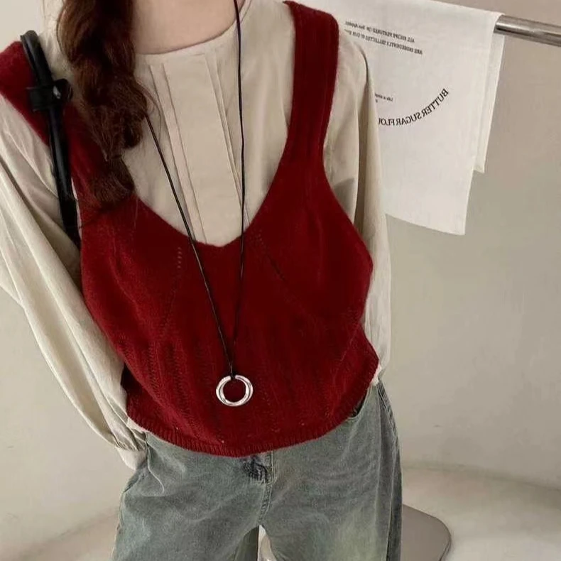 【两件套马甲+衬衣】韩版简约纯色衬衫+休闲百搭短款背心2件套装