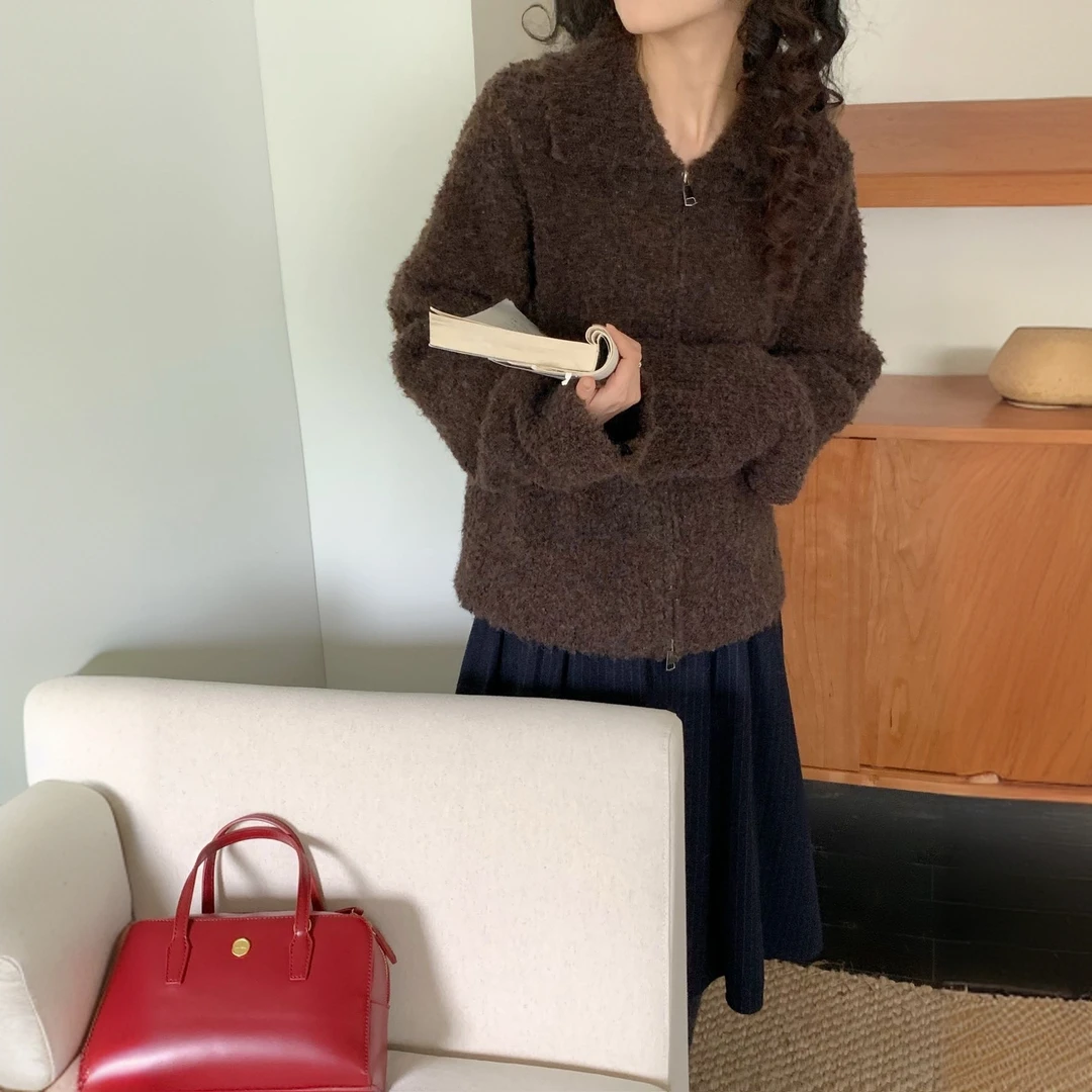 【羊圈圈毛】韩系百搭软糯毛绒翻领双拉链毛衣外套女秋冬休闲针织衫
