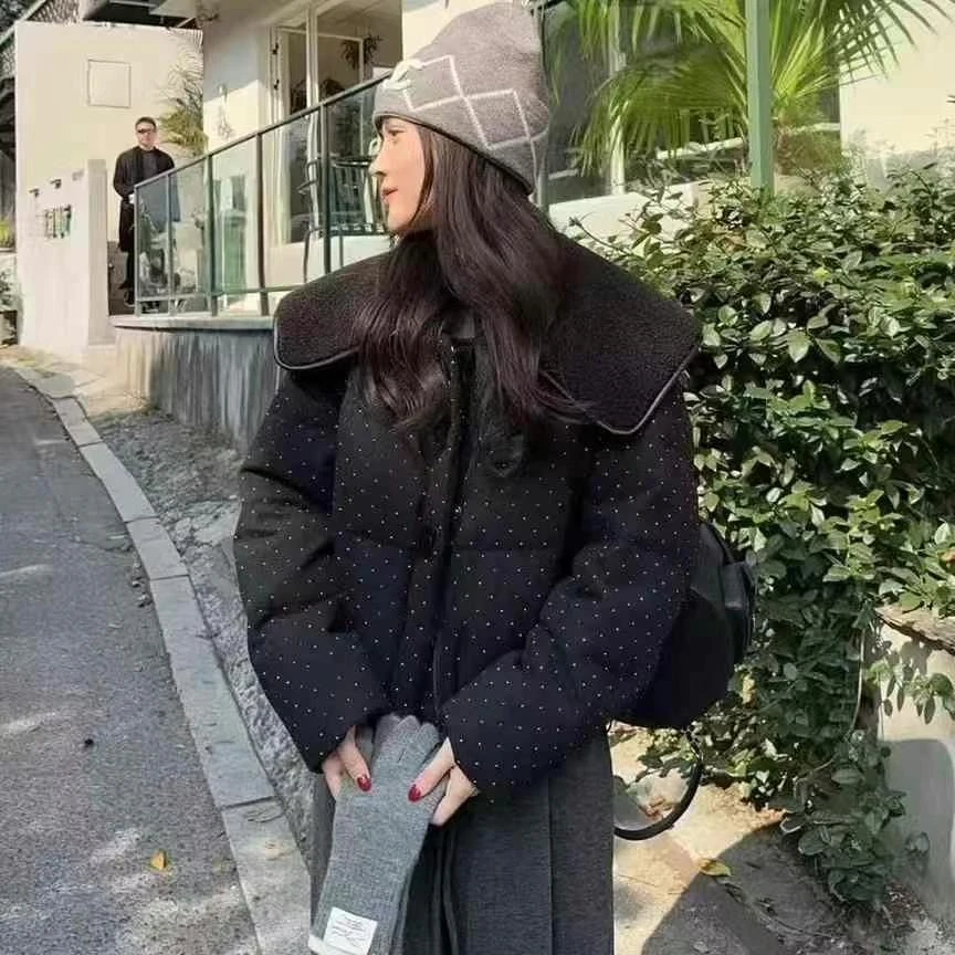 【星光点点】韩系拼接烫钻洋气短款羽绒服