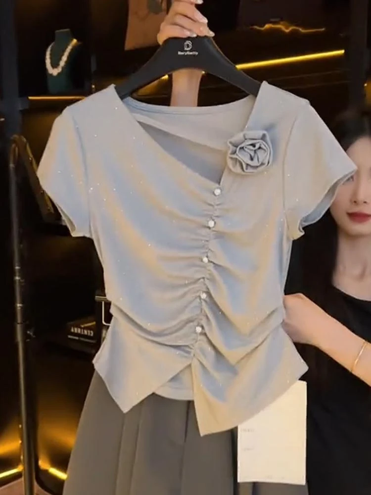 灰色镂空斜领短袖T恤女别致绝美立体玫瑰不规则褶皱显瘦上衣