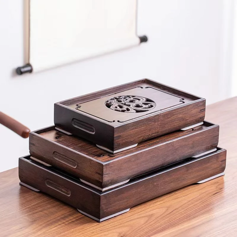 复古式龙凤福茶盘简约储水干泡台耳合一茶盘创意家用长方形竹制品