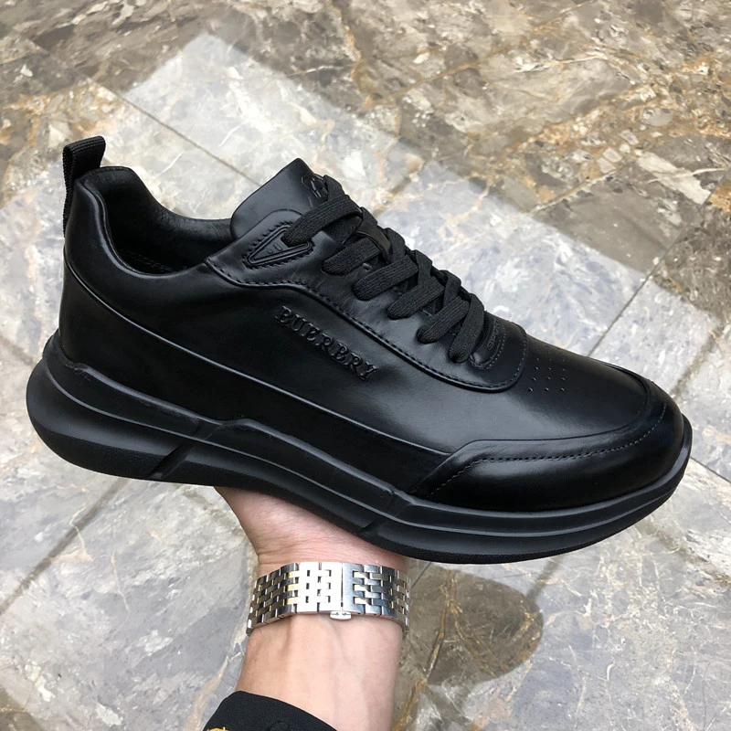 新款时尚男鞋真皮透气运动板鞋男士头层牛皮厚底增高黑色休闲潮鞋