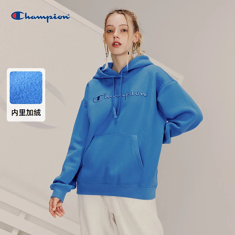 Champion冠军23秋冬新款草写logo连帽加绒卫衣长袖休闲百搭女士