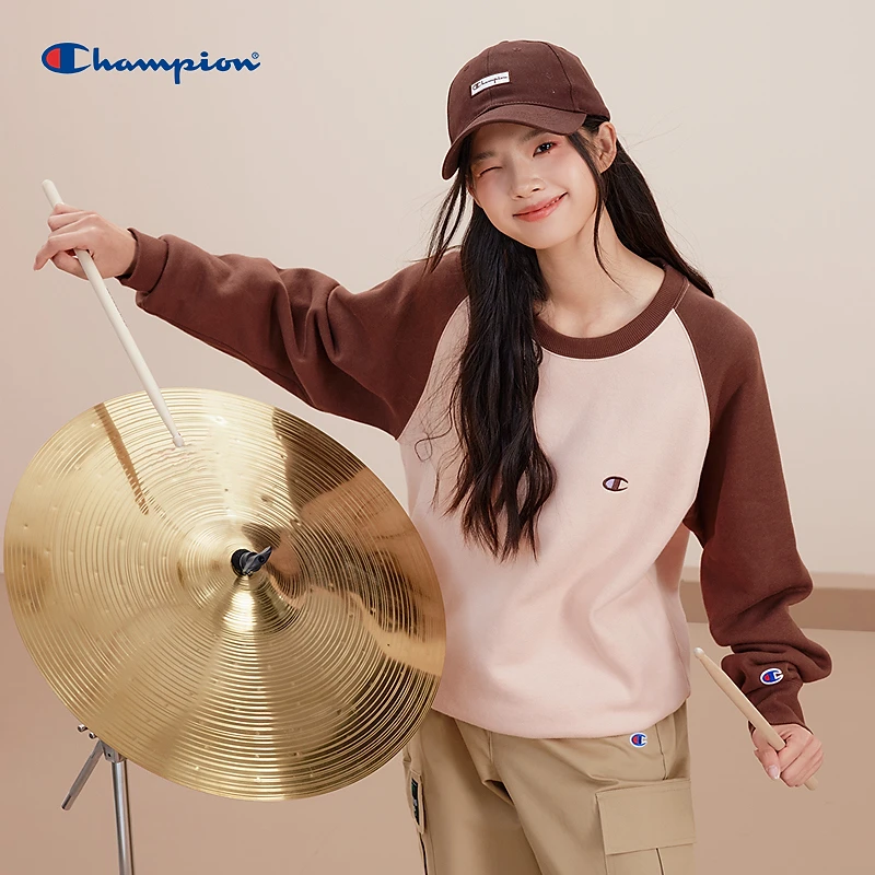 Champion冠军25秋冬新款卫衣男复古美式加绒女插肩袖撞色拼接套头