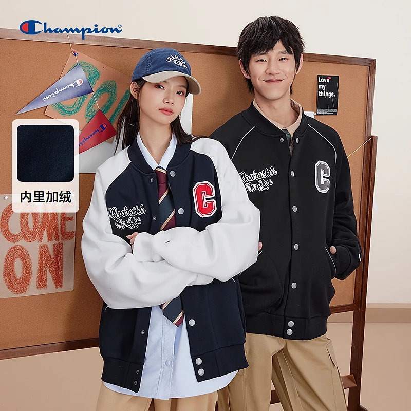 Champion冠军24年拼接棒球夹克外套休闲复古时尚撞色加绒情侣