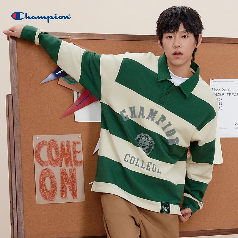 Champion冠军24年常春藤系列条纹套头卫衣休闲时尚撞色长袖翻领