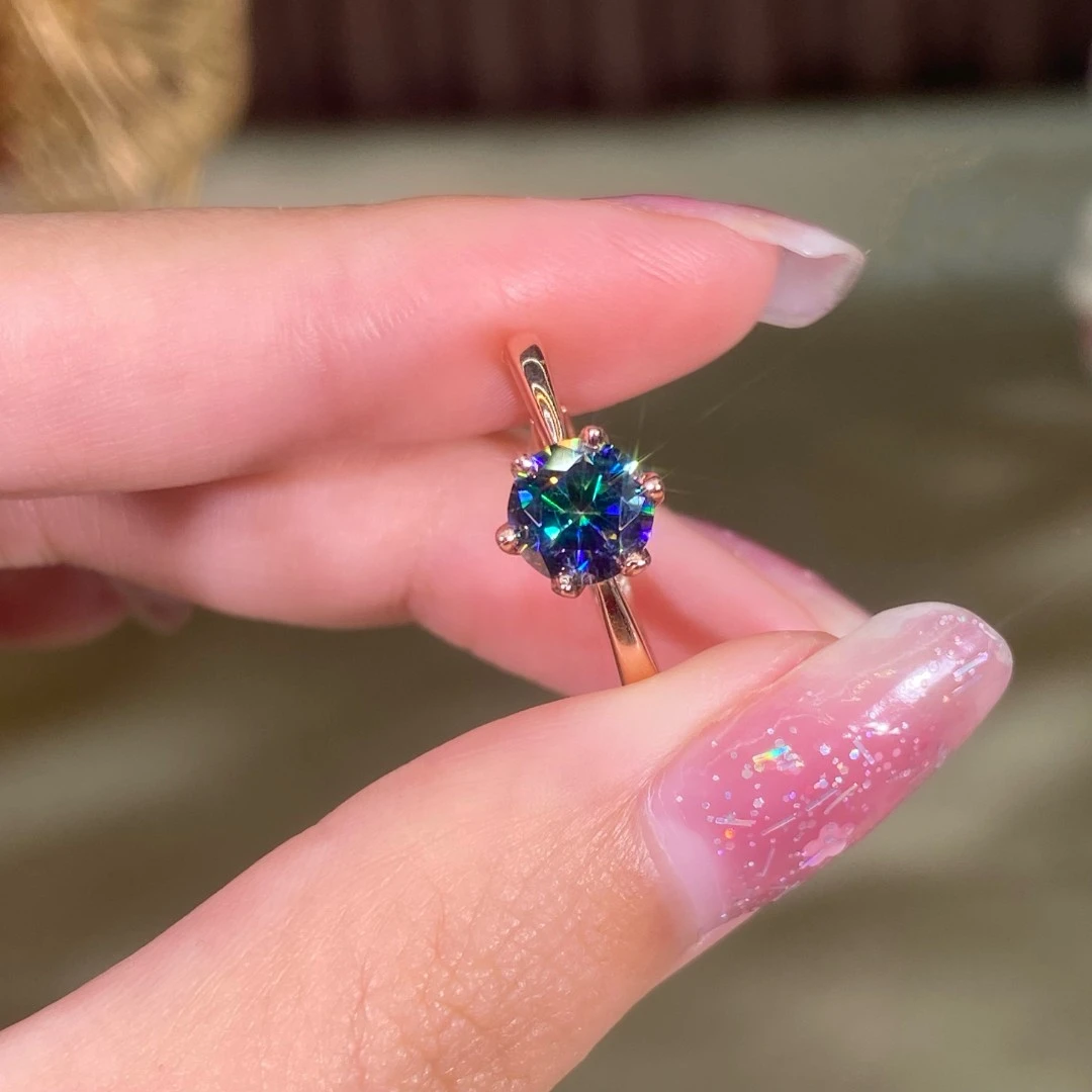 925银莫桑石戒指 【七星】1克拉经典六爪蓝绿色时尚镶嵌彩色百搭