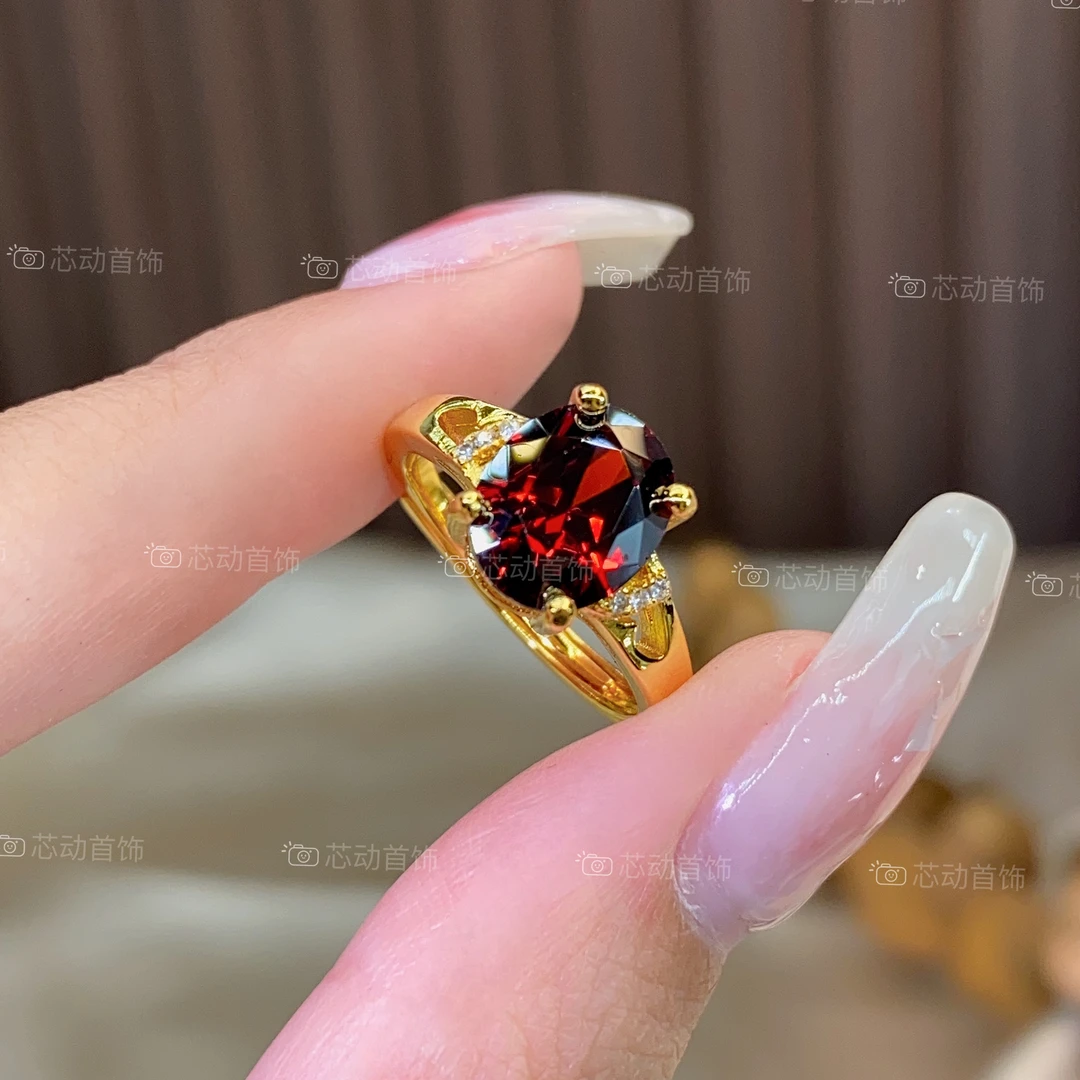 新款金色戒指【风情】8×10mm人工宝石榴红镶嵌气质轻奢简约k3279