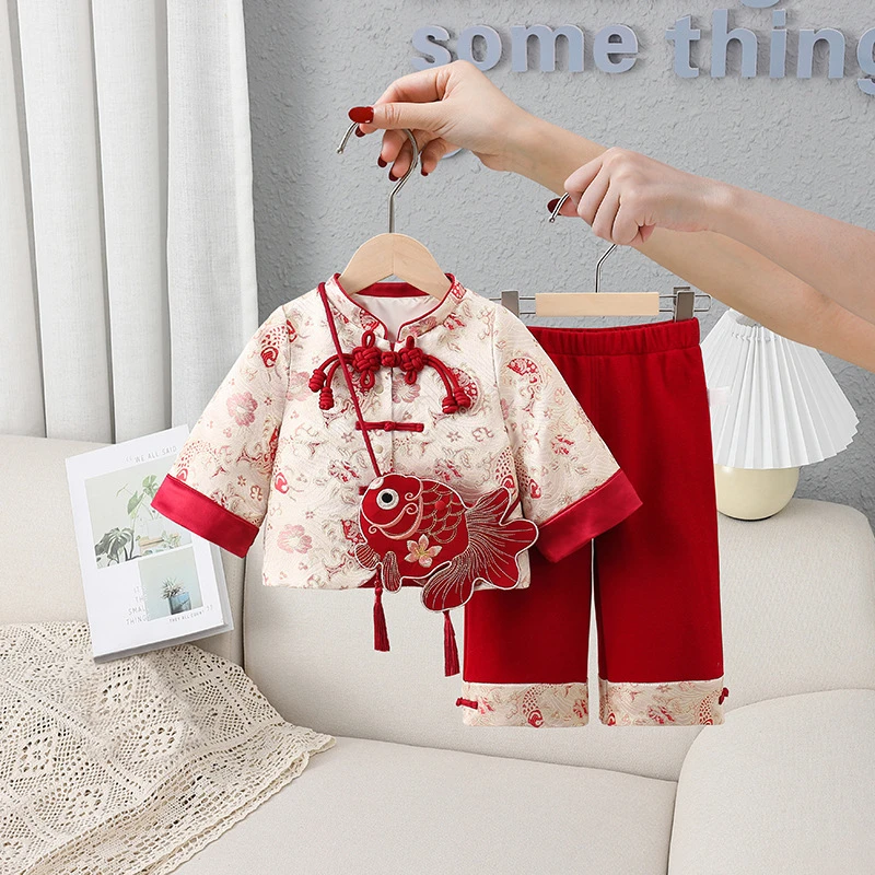 宝宝抓周套装儿童两件套春秋童装2025年新款女童喜庆周岁礼服