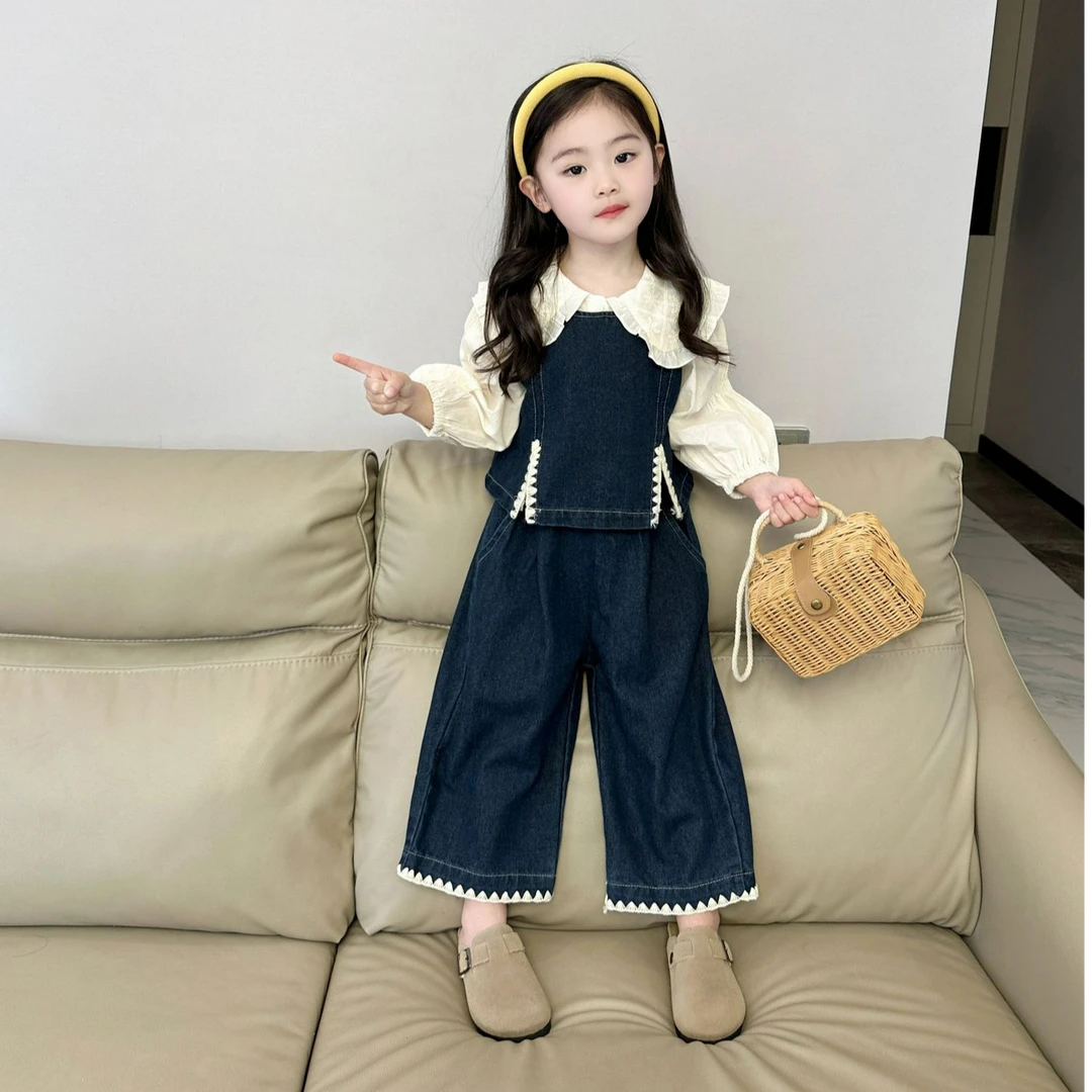 秋季套装女童新款女童儿童翻领衬衫宝宝洋气牛仔马甲三件套