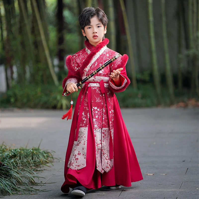 新款加绒加厚儿童汉服红色古风明制冬款拜年服民族风男童套装少爷