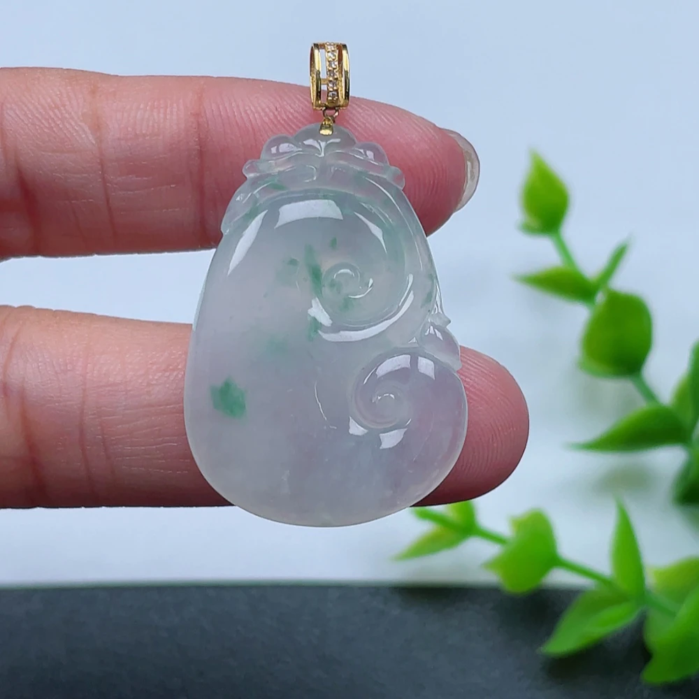 翡翠A货 18k金镶嵌冰种冰飘绿如意吊坠 9.24/3 尺寸33*23.2*5.3