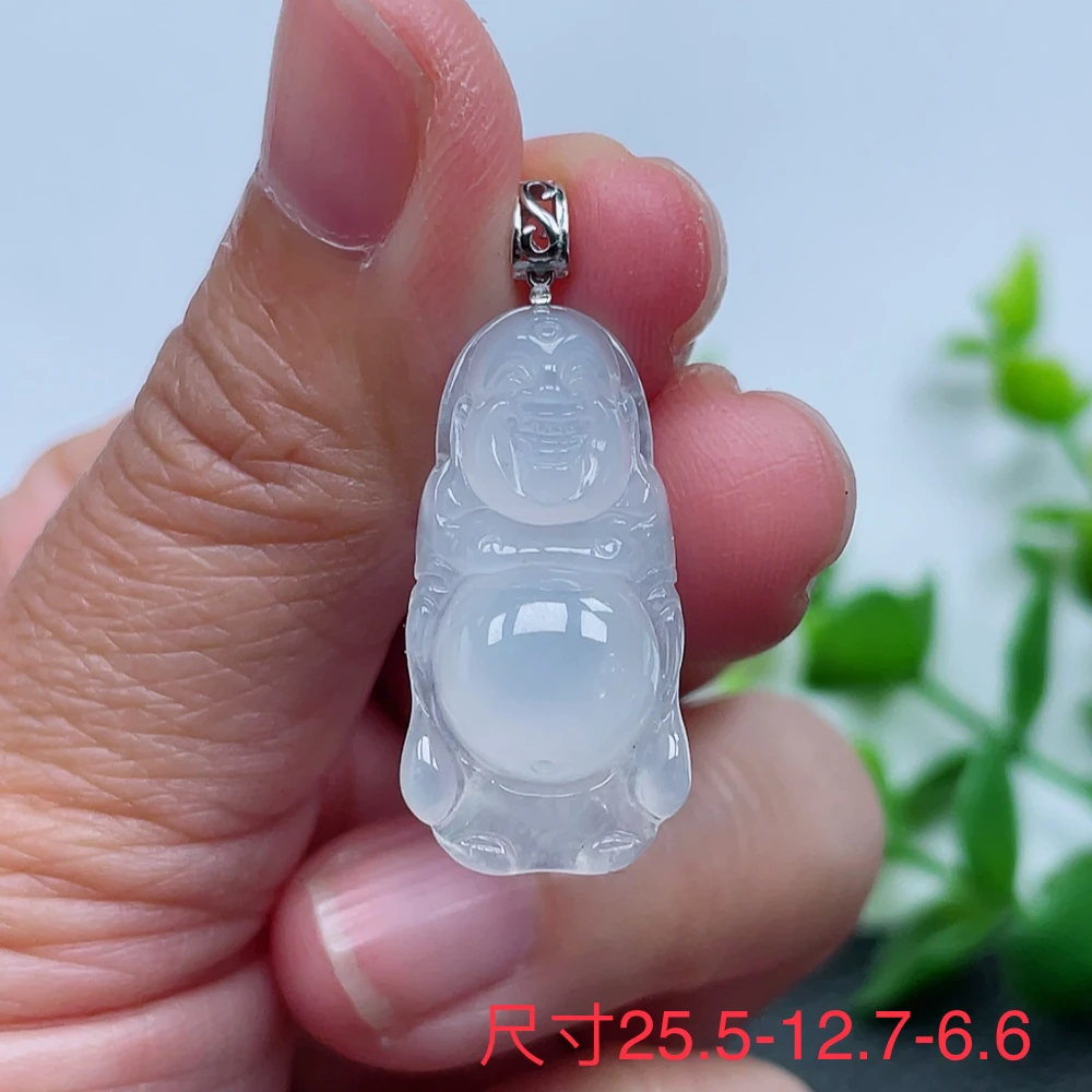 翡翠A货 18k金镶嵌白冰冰胶站佛佛公吊坠