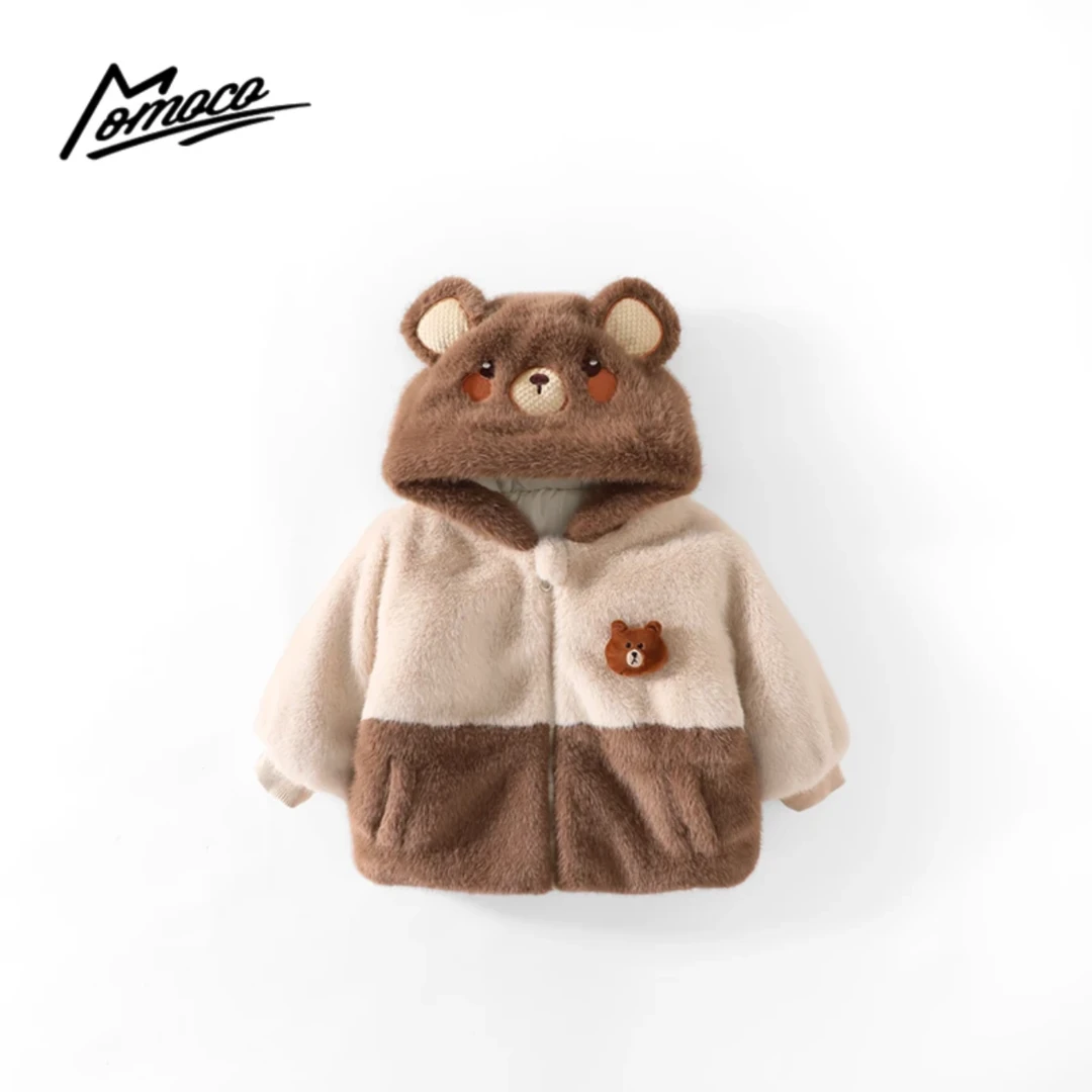 MOMOCO新款冬季男女童时尚可爱小熊帽拼色毛毛外套75430123018