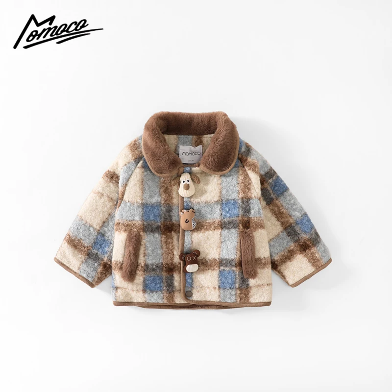 MOMOCO冬季新款男童格子可爱卡通小狗毛领外套75480126001