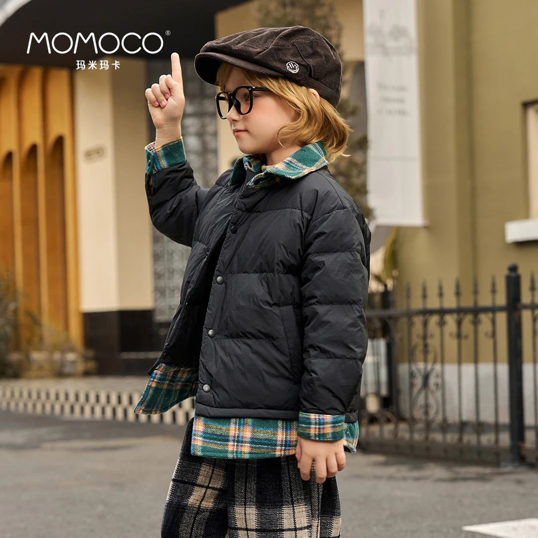 MOMOCO秋冬儿童轻薄90白鸭绒拼接格子立领羽绒服75430102020&3005
