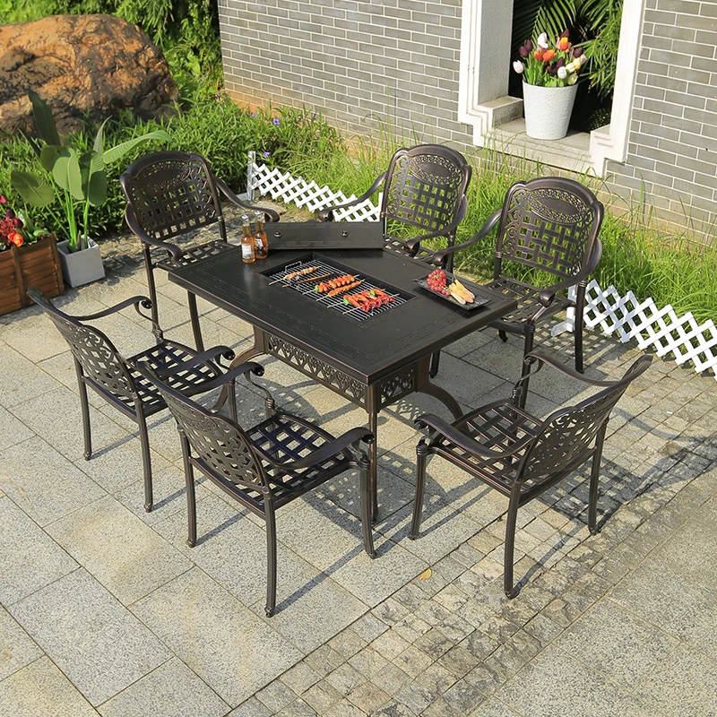 户外桌椅电烧烤餐桌铸铝露天庭院室外花园家用休闲组合铝合金桌子