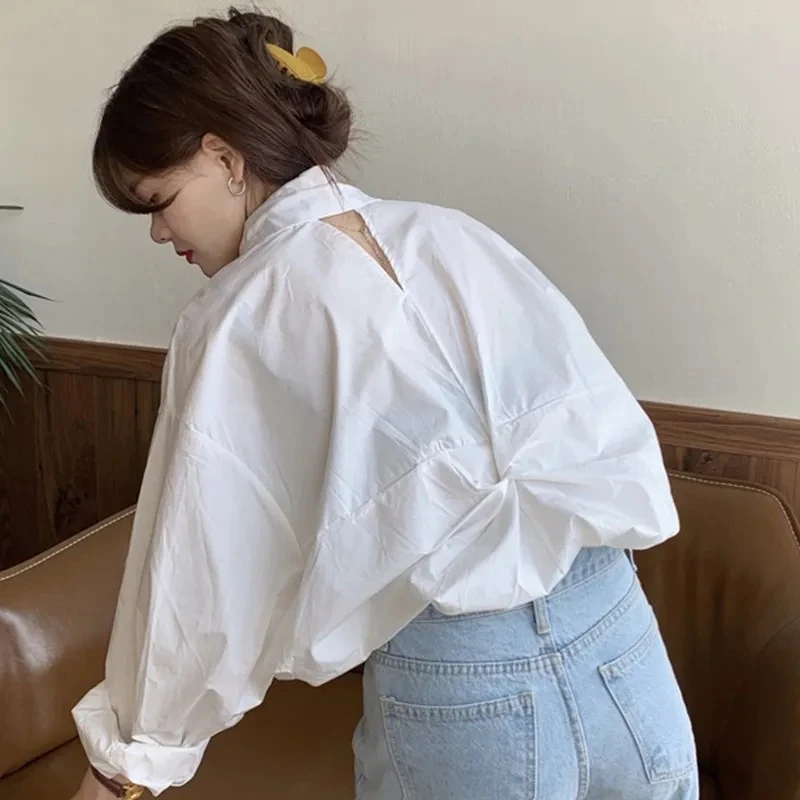 韩国chic极简主义棉衬衣小心机露背褶皱显瘦翻领单排扣防嗮女长袖